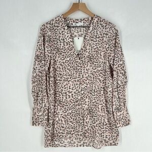 DR2 Soft Pink Gray Leopard Print Chiffon V-Neck Long Sleeve Button Cuff Blouse S
